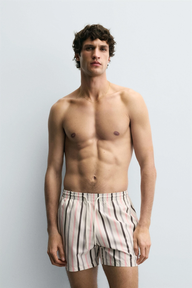 Полупрозрачные полосатые плавательные шорты средней длины