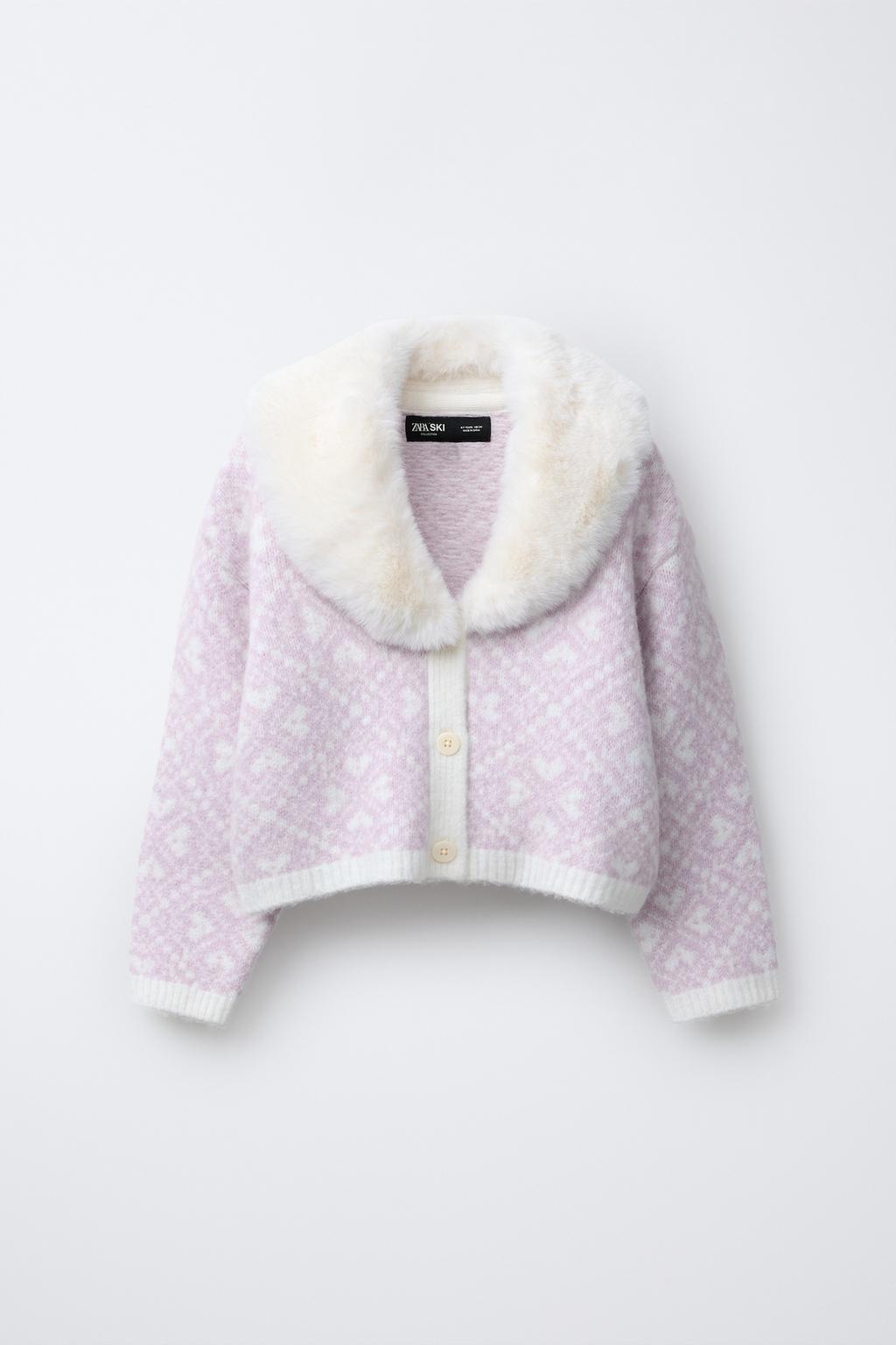 JACQUARD KNIT CARDIGAN WITH REMOVABLE FAUX FUR COLLAR - SKI COLLECTION