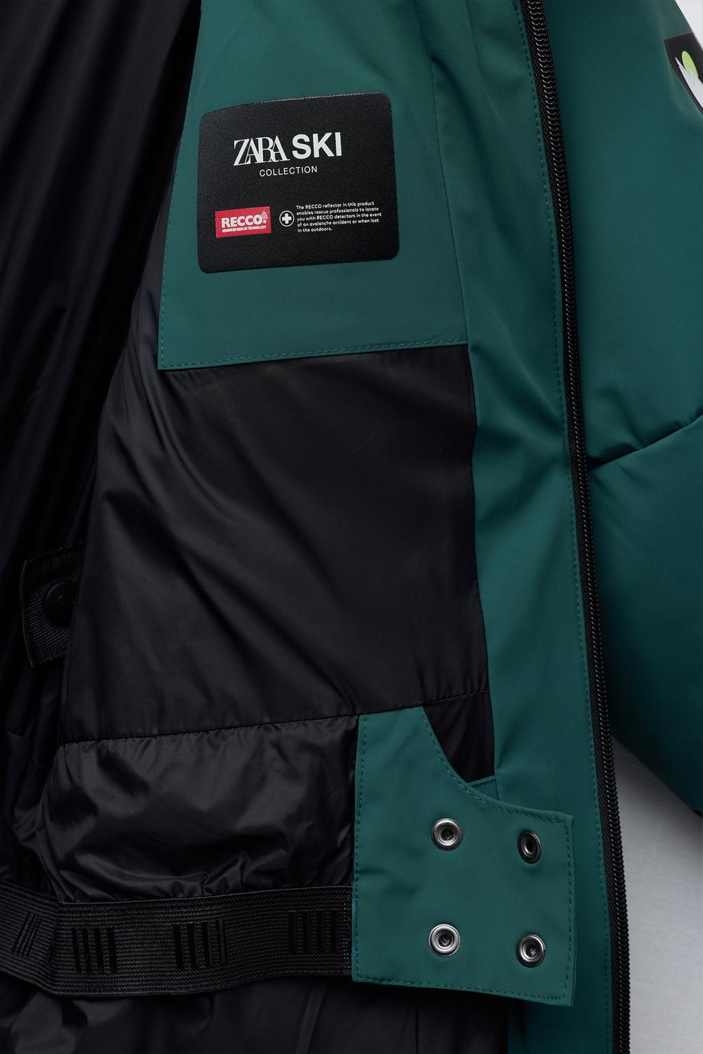 DOWN AND FEATHER PUFFER JACKET WITH REMOVABLE HOODIE, WATER-RESISTANT AND WINDPROOF COLOUR BLOCK RECCO® SYSTEM SKI COLLECTION