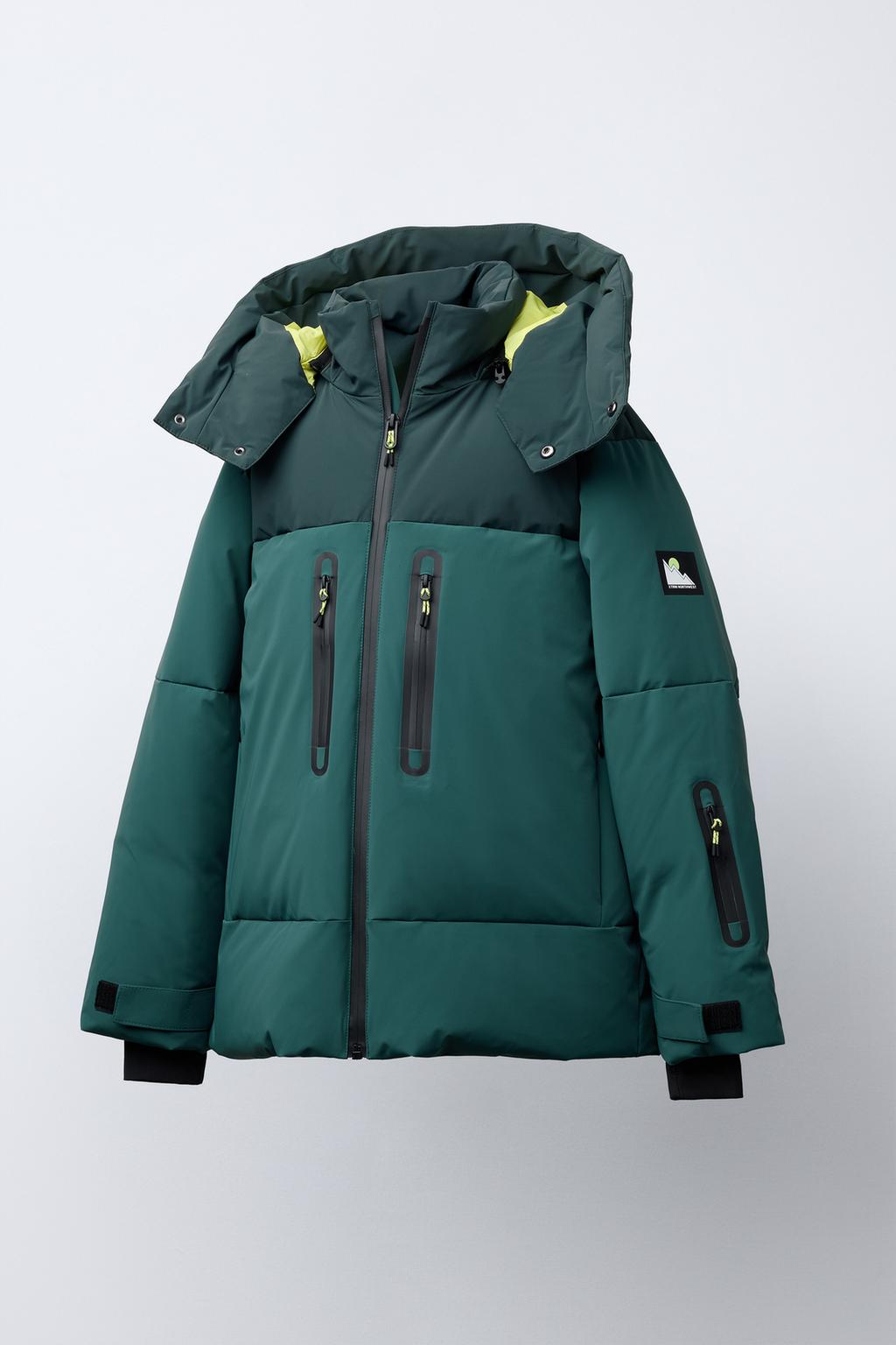 DOWN AND FEATHER PUFFER JACKET WITH REMOVABLE HOODIE, WATER-RESISTANT AND WINDPROOF COLOUR BLOCK RECCO® SYSTEM SKI COLLECTION