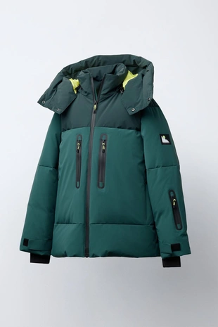 DOWN AND FEATHER PUFFER JACKET WITH REMOVABLE HOODIE, WATER-RESISTANT AND WINDPROOF COLOUR BLOCK RECCO® SYSTEM SKI COLLECTION- Заказать в России
