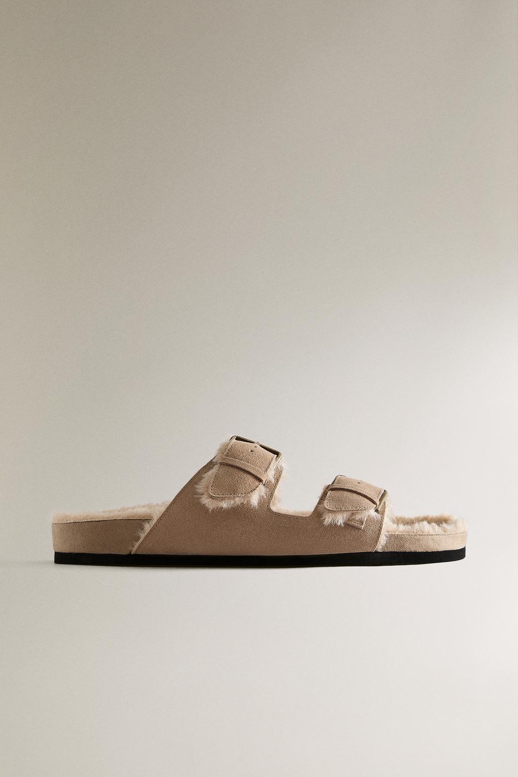 Теплые босоножки из разделанной кожи с двумя пряжками