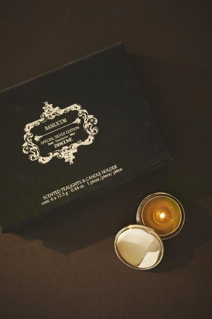 Набор биологически деградируемых чайных свечей с ароматом базилика и серебряной банкой- Заказать в России