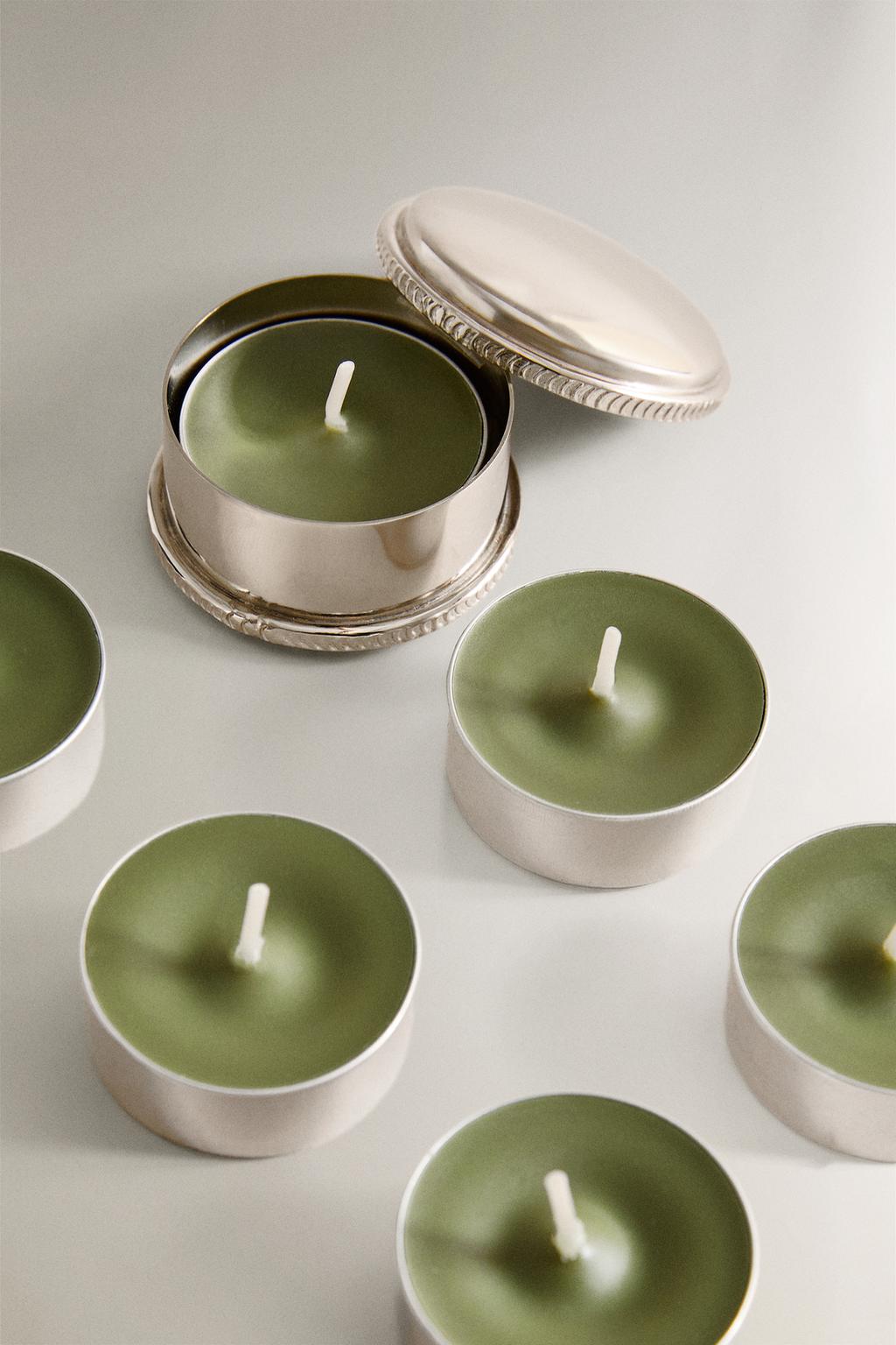 Набор биологически деградируемых чайных свечей с ароматом базилика и серебряной банкой