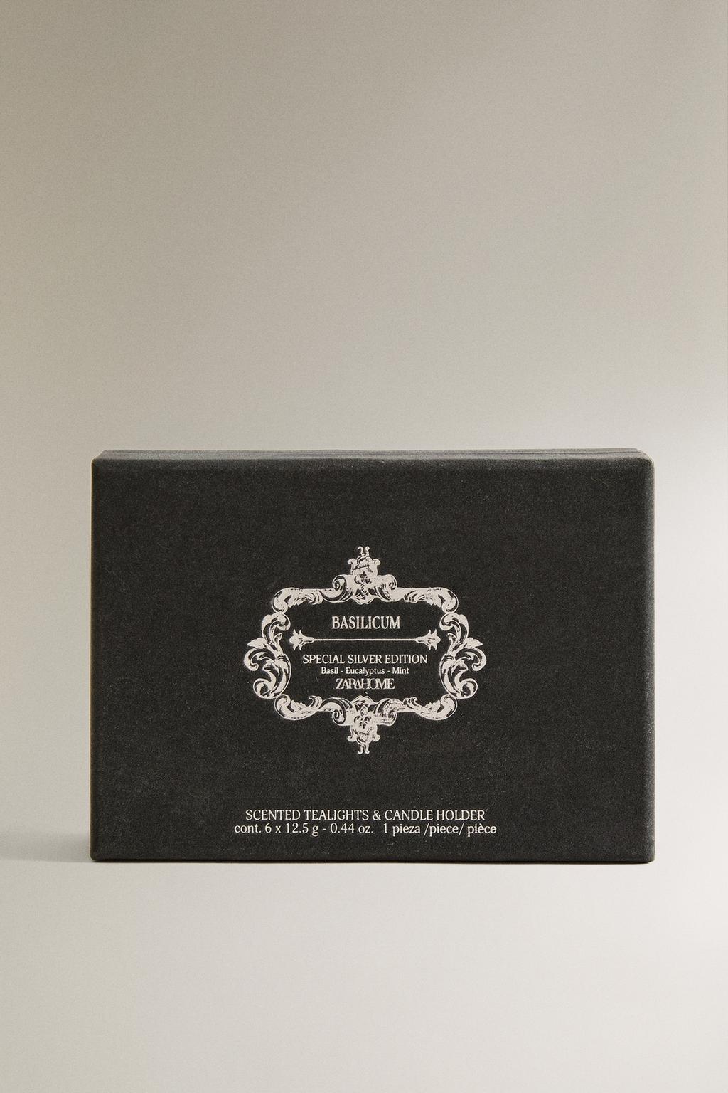 Набор биологически деградируемых чайных свечей с ароматом базилика и серебряной банкой