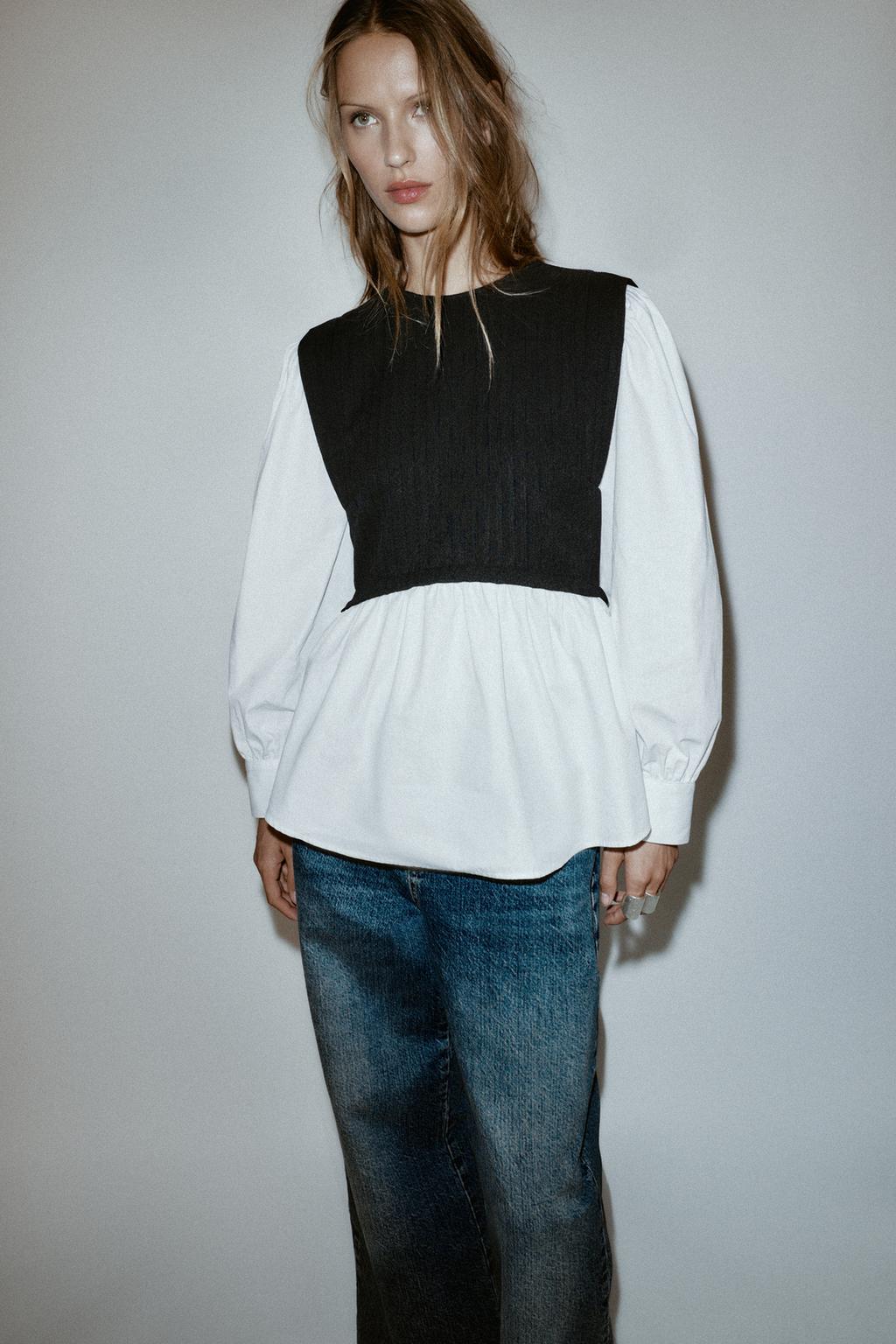 БЛУЗА ИЗ ПОПЛИНА С КОМБИНИРОВАННОЙ ТКАНЬЮ