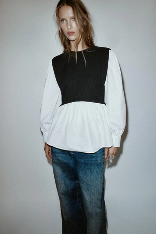 Блуза из поплина с комбинированной тканью- Заказать в России