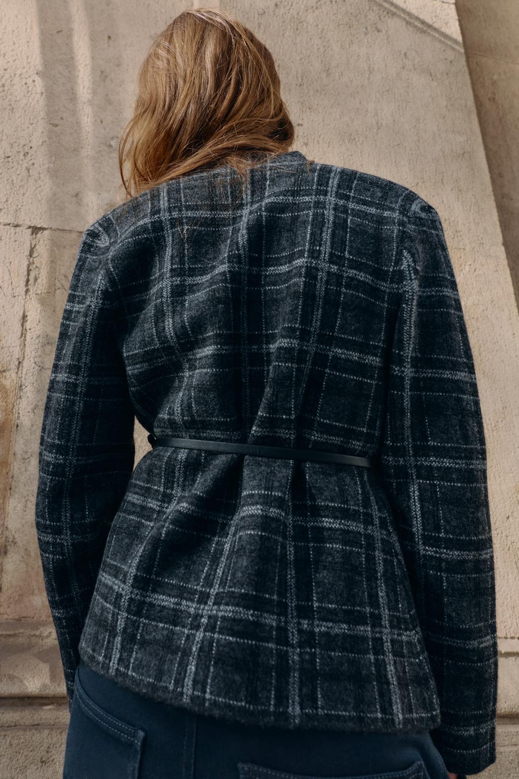 ТРИКОТАЖНЫЙ КАРДИГАН В КЛЕТКУ С ПОЯСОМ