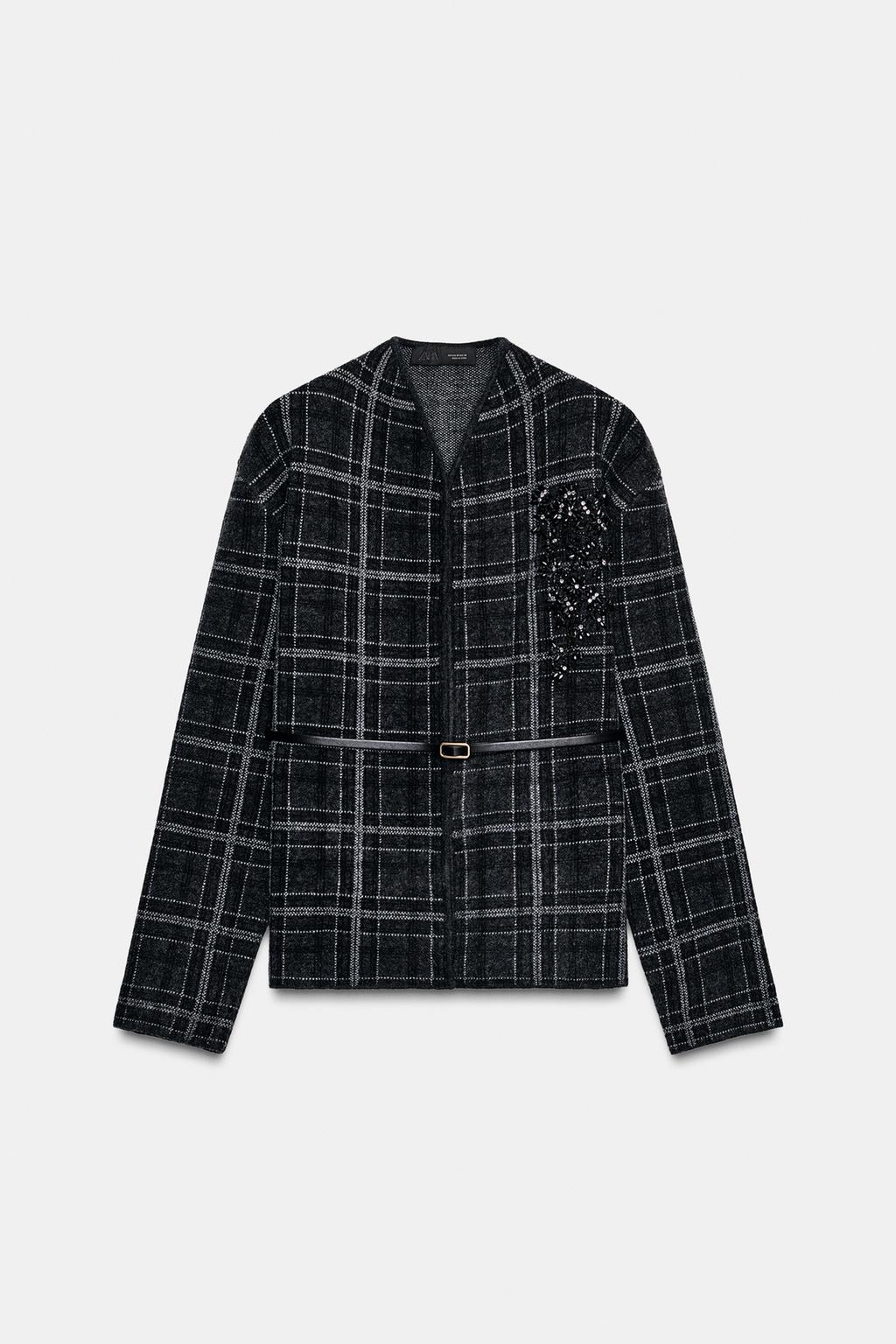 ТРИКОТАЖНЫЙ КАРДИГАН В КЛЕТКУ С ПОЯСОМ