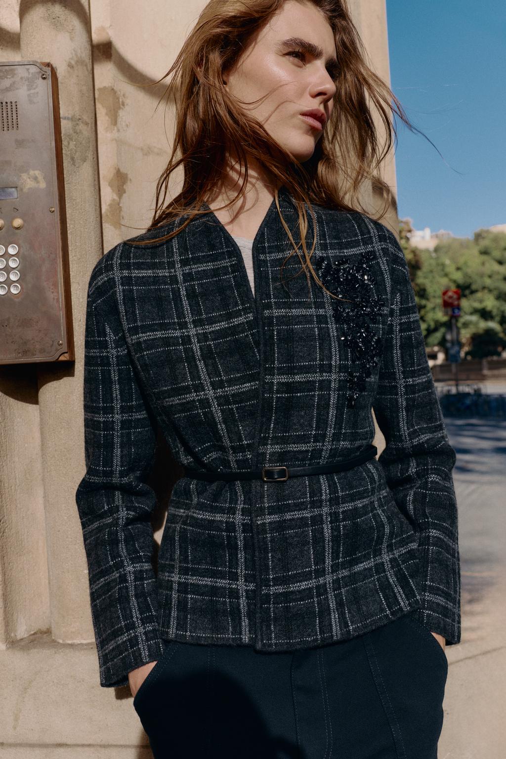 ТРИКОТАЖНЫЙ КАРДИГАН В КЛЕТКУ С ПОЯСОМ