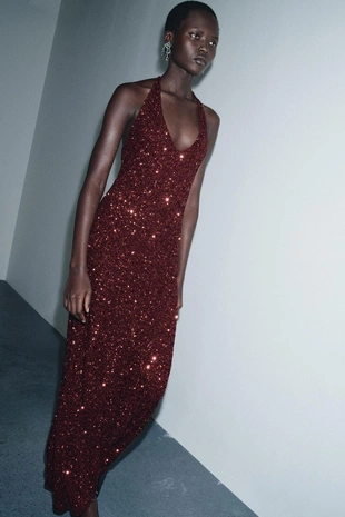 Платье с V-образным вырезом и пайетками- Заказать в России