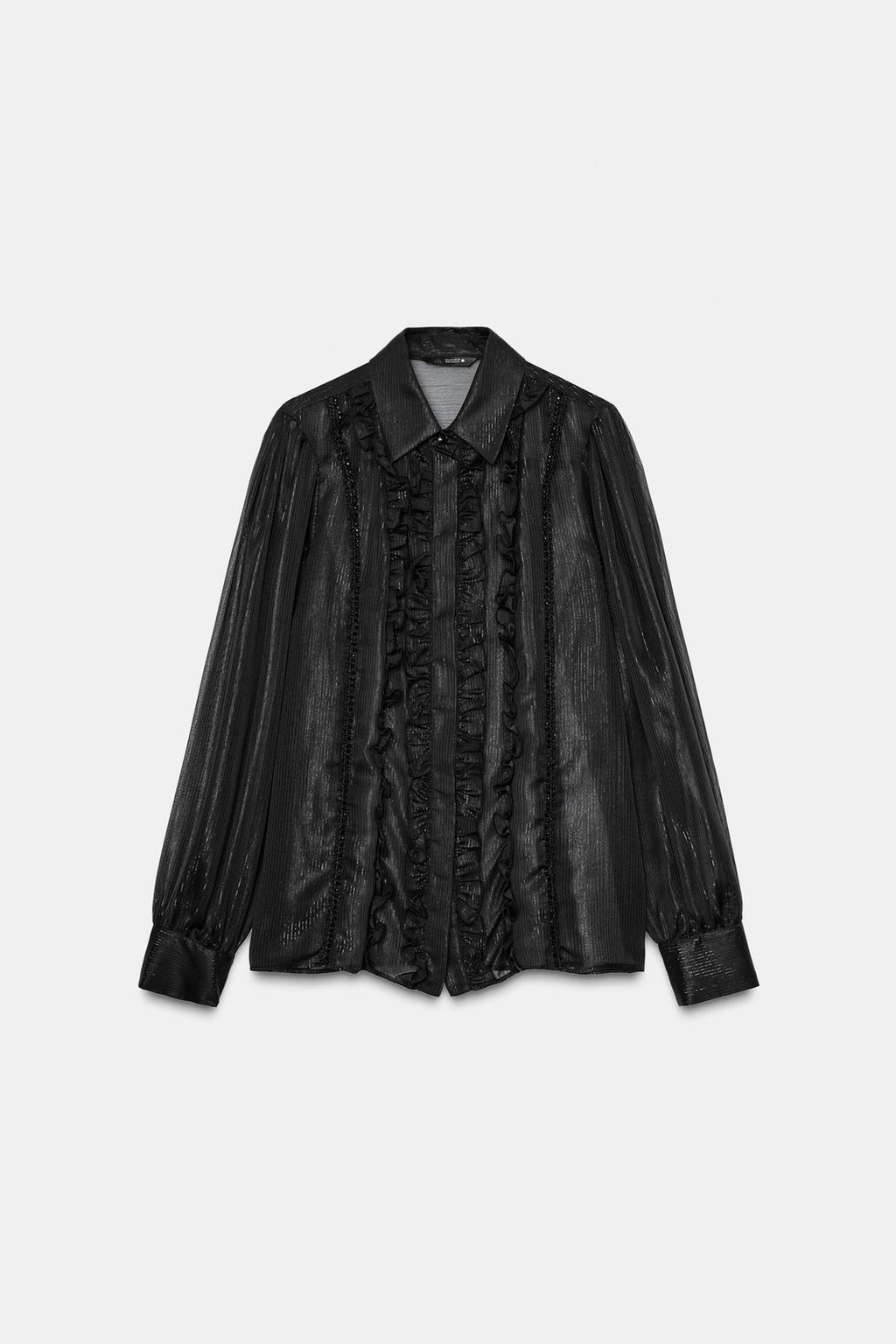 РУБАШКА ИЗ ПОЛУПРОЗРАЧНОЙ ТКАНИ С ВОЛАНАМИ И БУСИНАМИ