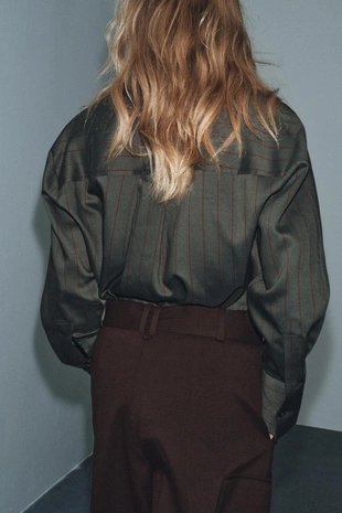 Khaki | 4437/210/505 - Zara Рубашка в полоску с воротником-стойкой — ZW COLLECTION