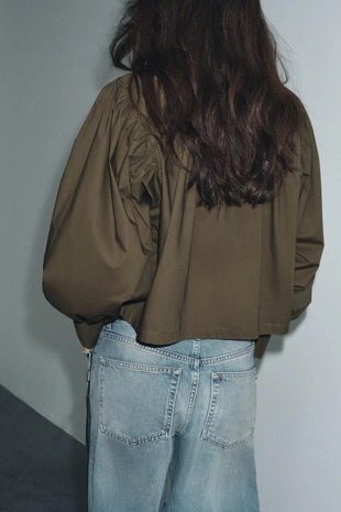 Khaki | 2731/182/505 - Zara Рубашка из поплина с объемными рукавами — ZW COLLECTION