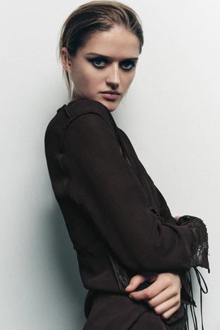 Dark brown | 1067/650/716 - Zara Рубашка из жоржета, кружева и завязок