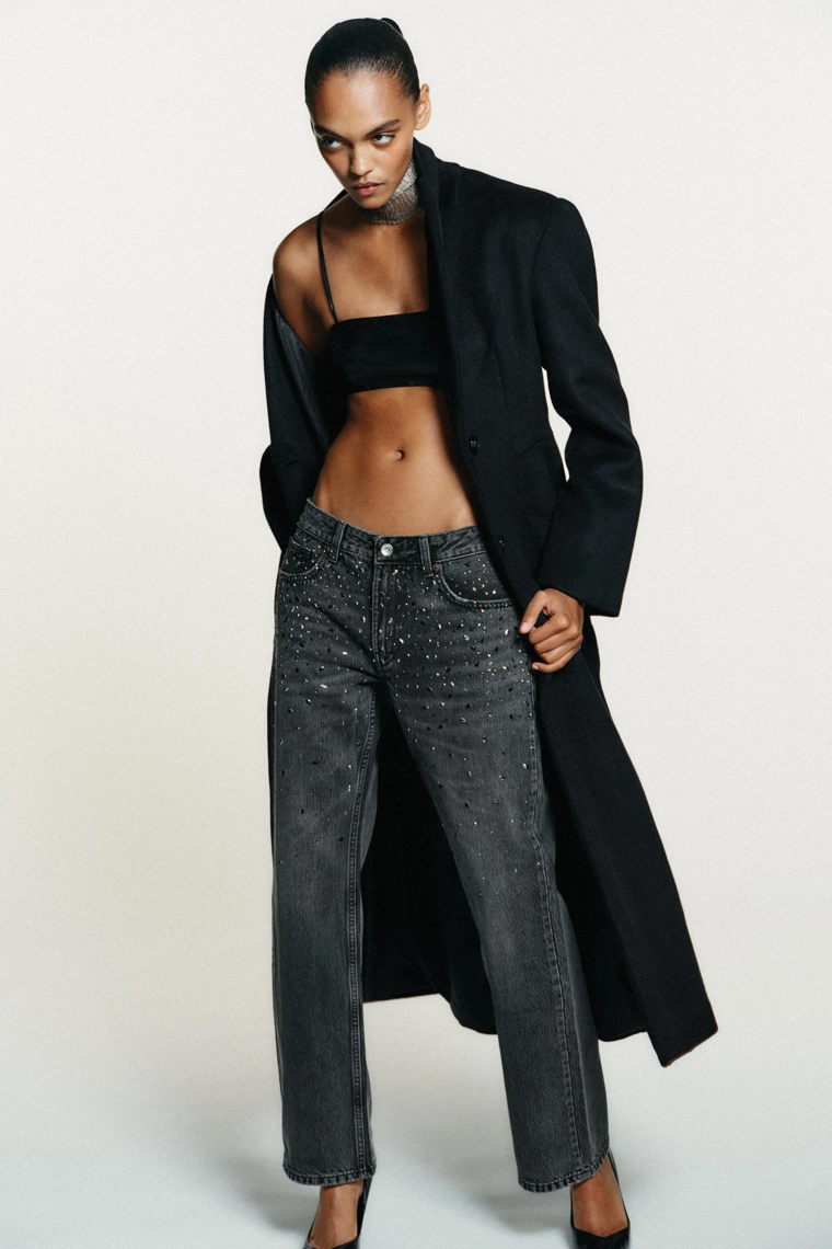 Джинсы zara trf с низкой посадкой и стразами прямого кроя