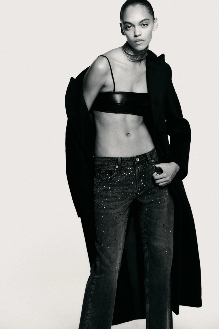 Джинсы zara trf с низкой посадкой и стразами прямого кроя