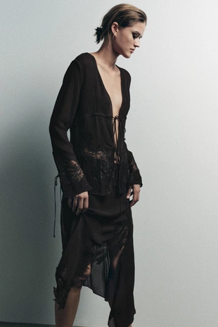 Юбка из жоржета с асимметричным кружевом- Заказать в России