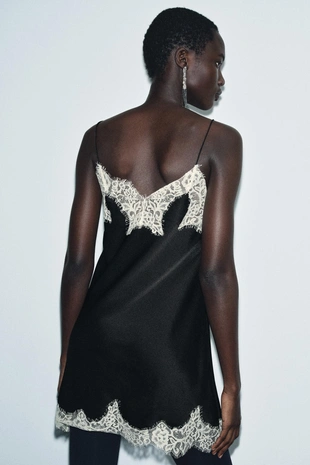 Black | 5919/250/800 - Zara Атласный топ с контрастным кружевом — ZW COLLECTION