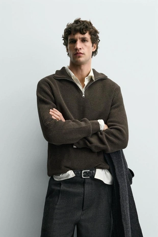 Свитер из хлопка с молнией на горловине и жемчужным узором- Заказать в России