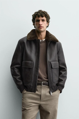 Куртка из искусственной кожи с комбинированным воротником- Заказать в России