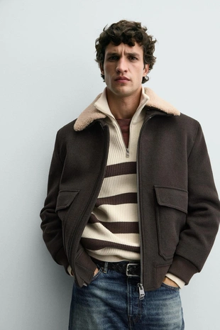 Куртка из смесовой шерсти с комбинированным воротником- Заказать в России