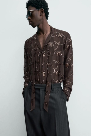 Рубашка из ограниченной коллекции с пайетками и полупрозрачными вставками- Заказать в России