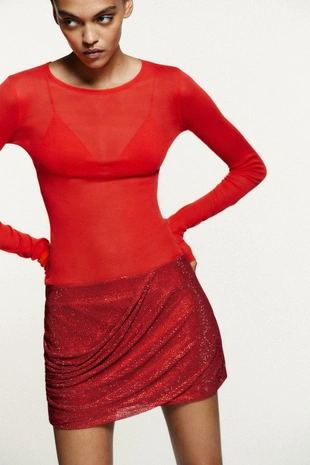 Red | 4772/513/600 - Zara Мини-юбка с драпировкой и стразами