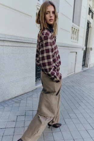 Burgundy | 9819/671/605 - Zara Бомбер в клетку с лацканами и эффектом кожи