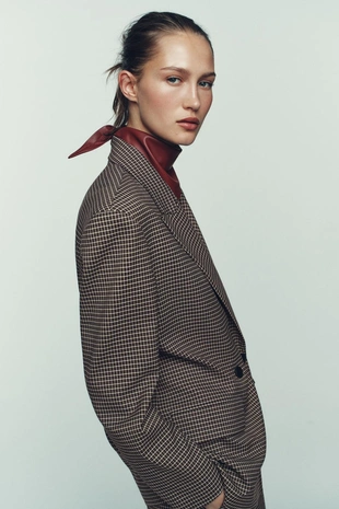 Brown / Ecru | 2036/678/087 - Zara Двубортный блейзер оверсайз в клетку