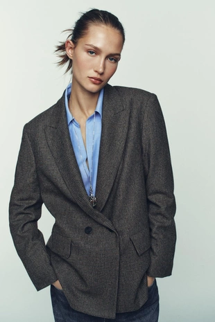 Купить Zara Двубортный блейзер оверсайз в клетку из шерсти