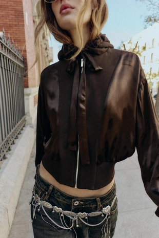 Купить Zara Комбинированная атласная рубашка с капюшоном