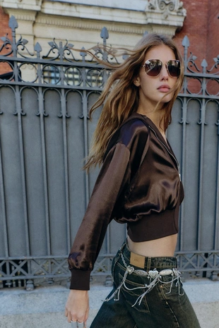 Brown | 1971/169/700 - Zara Комбинированная атласная рубашка с капюшоном