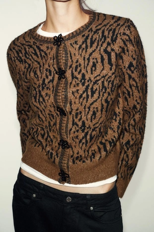 Multicoloured | 8146/115/330 - Zara Жаккардовый кардиган с анималистическим узором