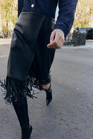 Юбка миди из искусственной кожи с бахромой- Заказать в России