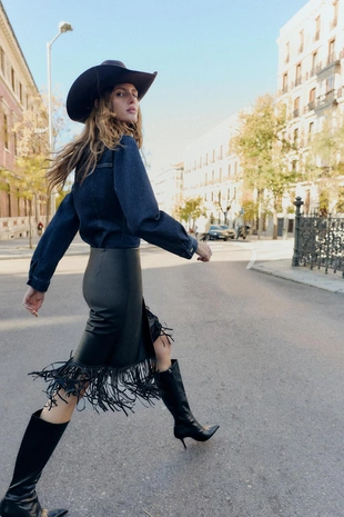 Юбка миди из искусственной кожи с бахромой- Заказать в России