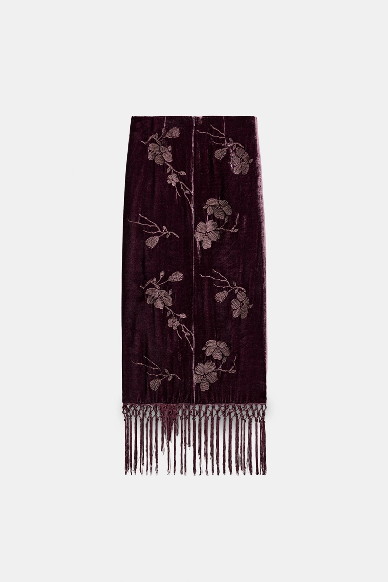 Юбка с вышитыми цветами из бархата с завязкой