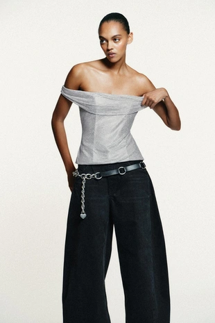 Silver | 4772/171/808 - Zara Топ из сетки со стразами и драпировкой