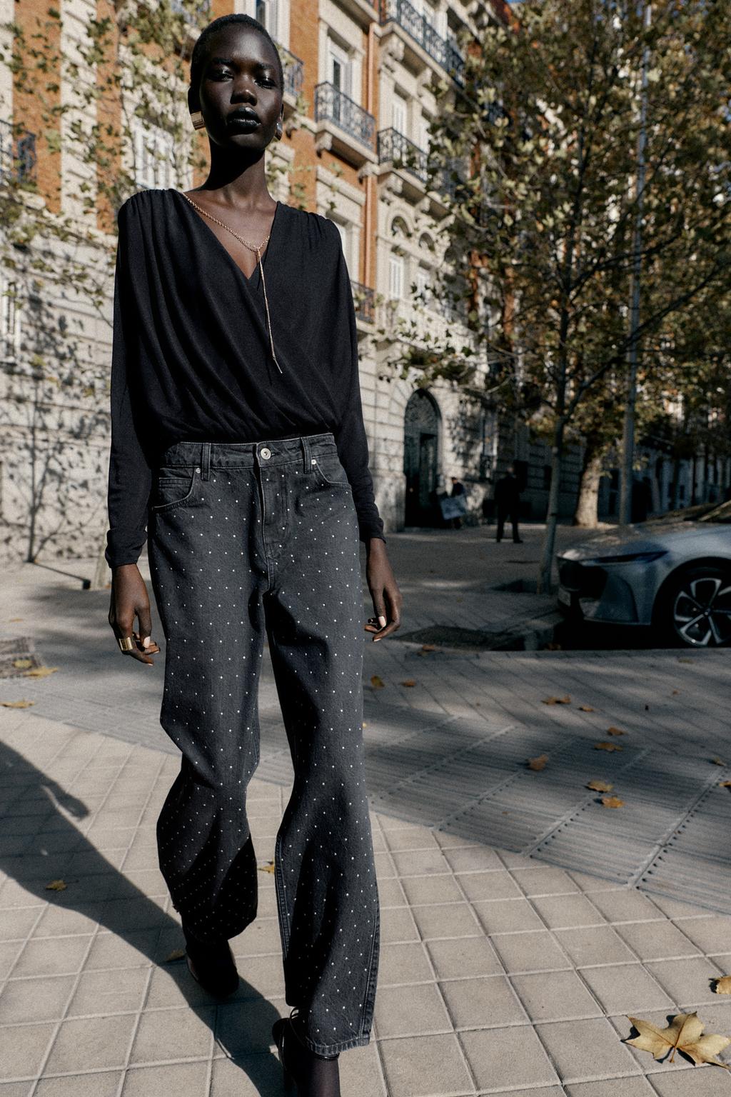 ДЖИНСЫ Z1975 СВОБОДНОГО ПРЯМОГО КРОЯ С ВЫСОКОЙ ПОСАДКОЙ И БЛЕСТКАМИ