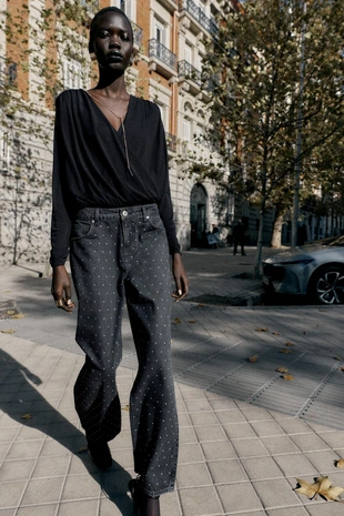 Джинсы Z1975 свободного прямого кроя с высокой посадкой и блестками- Заказать в России