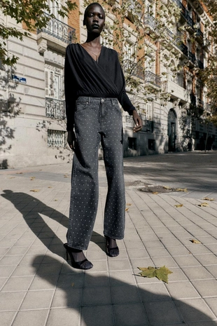 Джинсы Z1975 свободного прямого кроя с высокой посадкой и блестками- Заказать в России