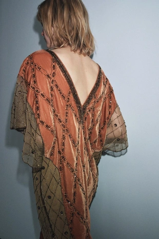 Комбинированное платье из бархата с пайетками и бусинами LIMITED EDITION- Заказать в России