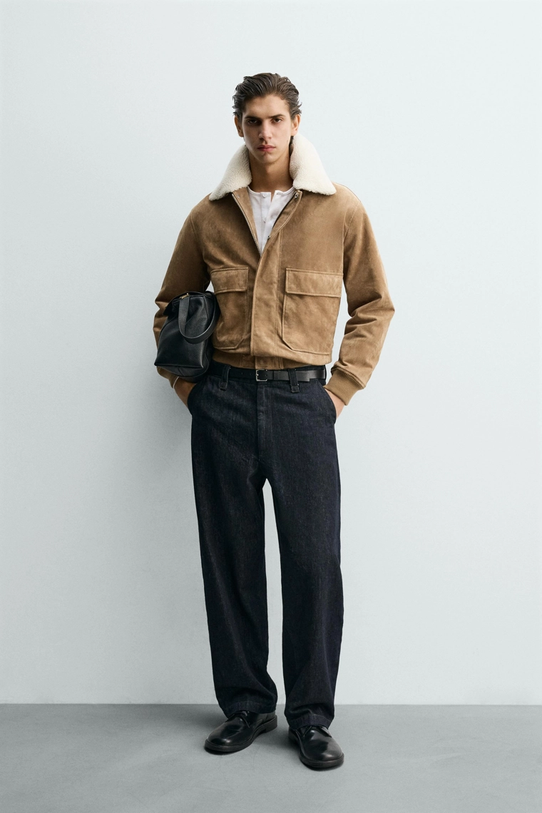 Куртка из кожи и замши с отделкой из искусственного меха