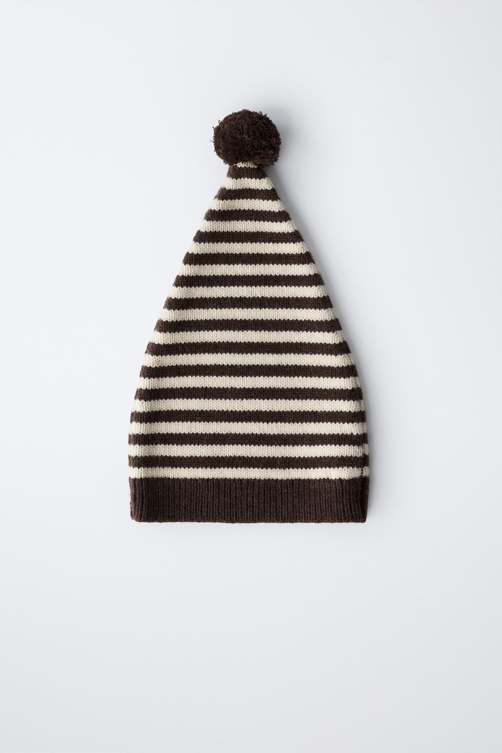 6-12 МЕСЯЦЕВ/ ШАПКА БИНИ В ПОЛОСКУ С ПОМПОНОМ ИЗ ШЕРСТИ