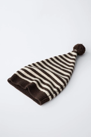 6-12 месяцев/ шапка бини в полоску с помпоном из шерсти- Заказать в России