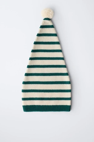 0 месяцев – 14 лет/ вязаная шапка в полоску с помпоном и шерстью