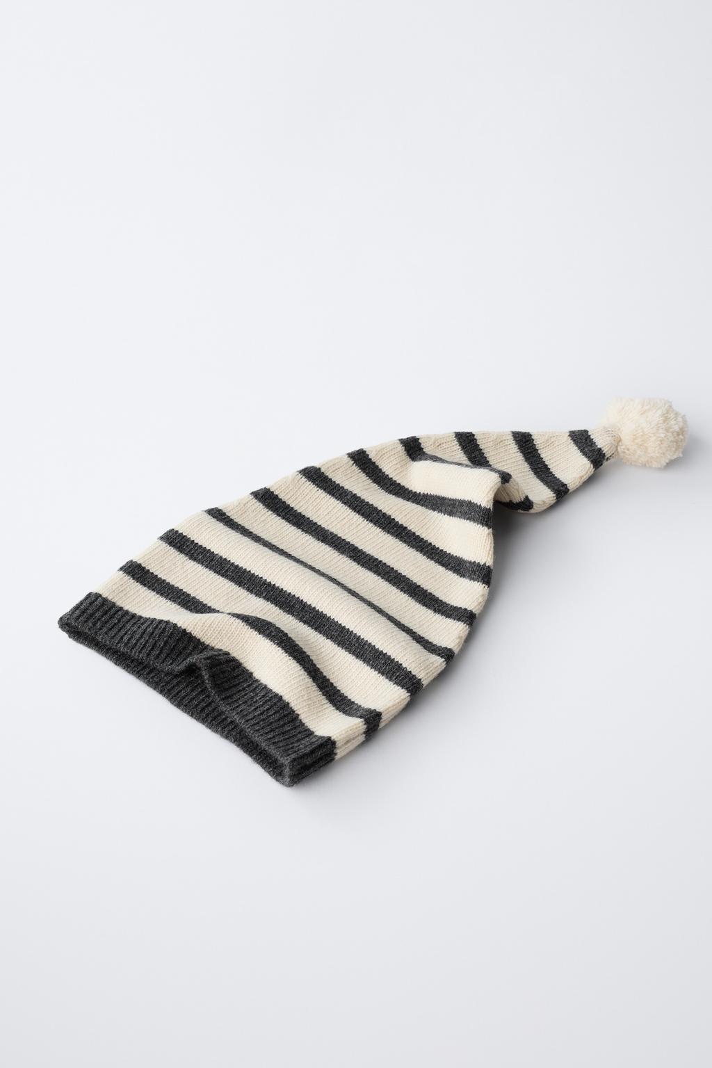 0 МЕСЯЦЕВ – 14 ЛЕТ/ ВЯЗАНАЯ ШАПКА В ПОЛОСКУ С ПОМПОНОМ И ШЕРСТЬЮ