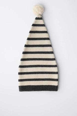 0 месяцев – 14 лет/ вязаная шапка в полоску с помпоном и шерстью