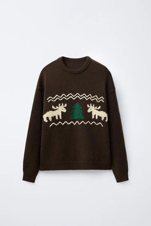 Свитер из смесовой шерсти с вышивкой в виде оленей- Заказать в России