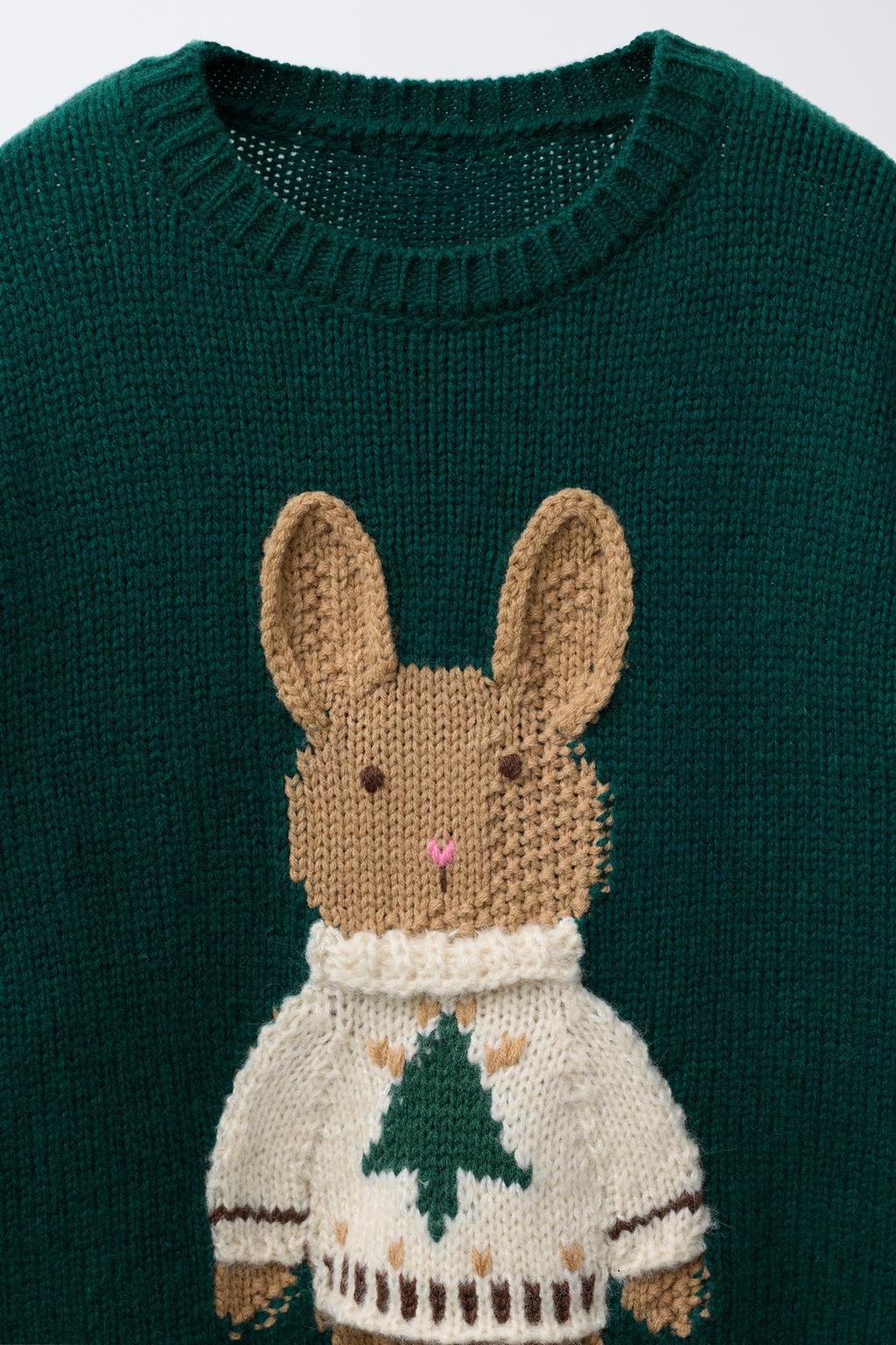 7-12 ЛЕТ/ ВЯЗАНЫЙ СВИТЕР ИЗ ШЕРСТИ С ВЫШИВКОЙ КРОЛИКА